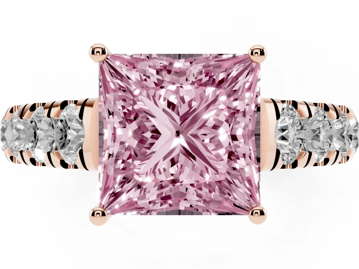 Fancy Pink Princess Cut Cut Diamond Solitaire Ring with Micro Pave Band and Prong Setting Rose gold