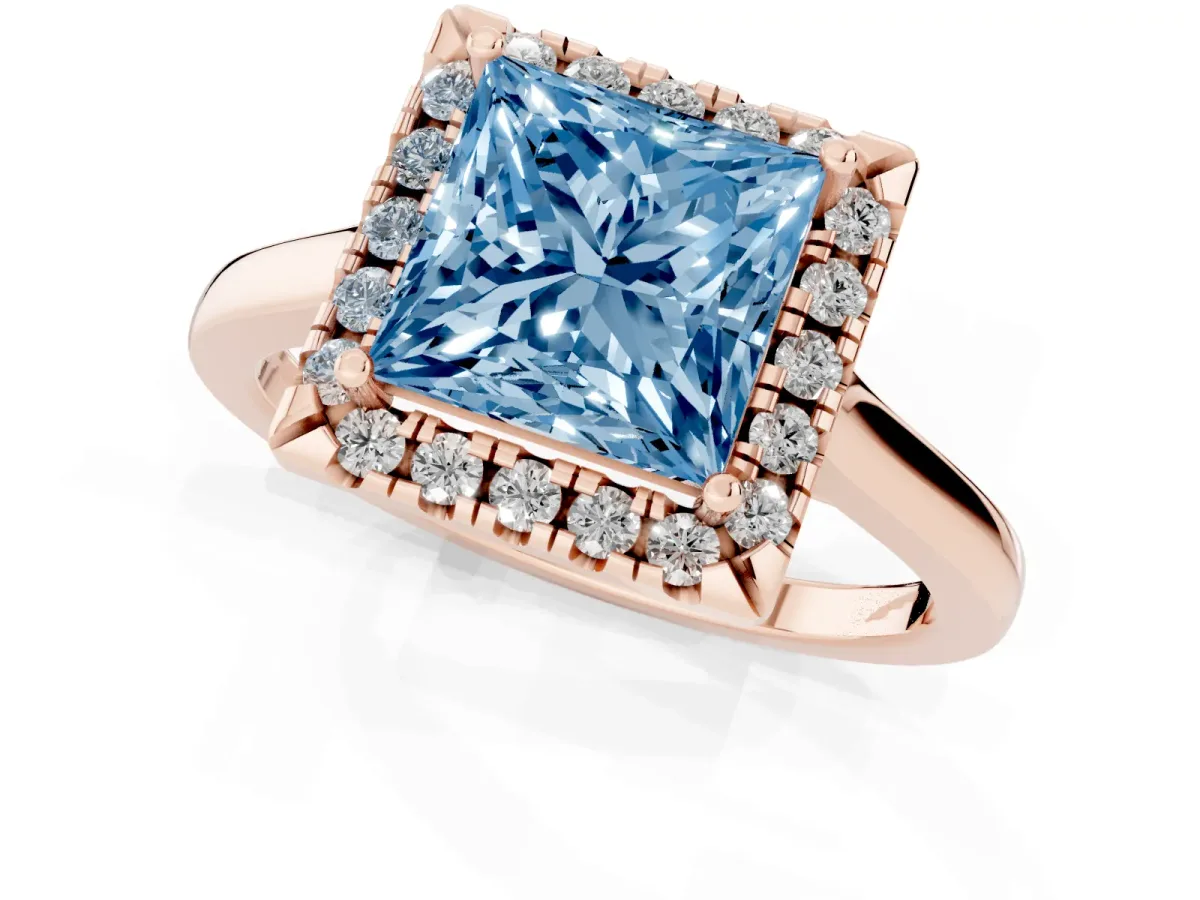 Fancy Blue Princess Cut Halo Round Diamond Solitaire Ring with Pavé Band and Four-Prong Setting Rose gold
