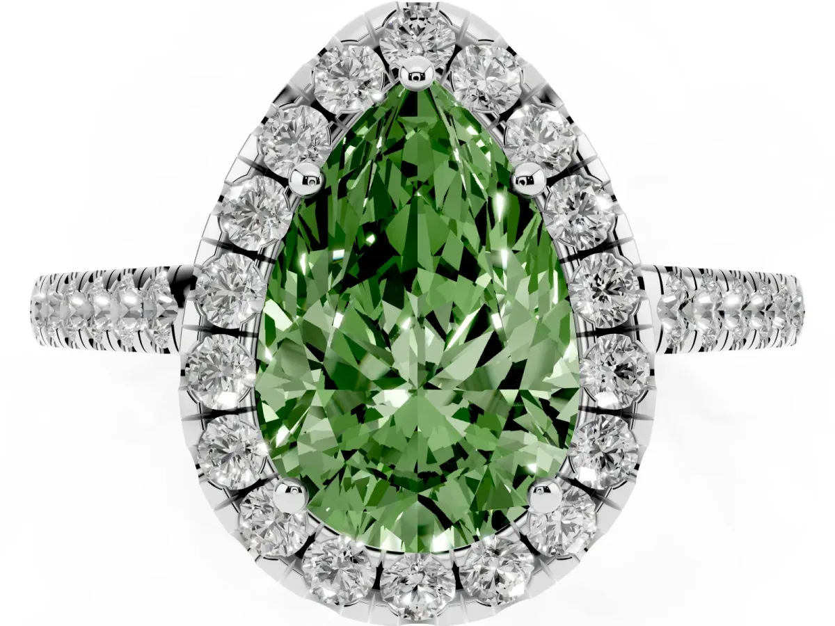 Fancy Green Pear Cut Halo Pave Diamond Engagement Ring with Four-Prong Setting Silver