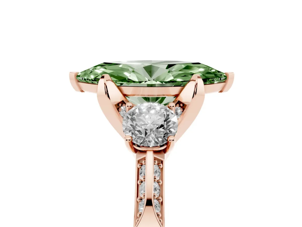 Fancy Green Marquise Cut Brilliant Three-Stone Diamond Ring with Pavé Band and Four-Prong Setting Rose gold