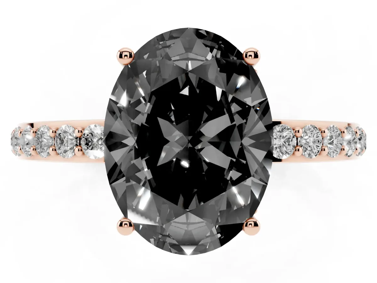 Fancy Black Oval Cut Diamond Solitaire Ring with Pavé Band and Hidden Halo Rose gold