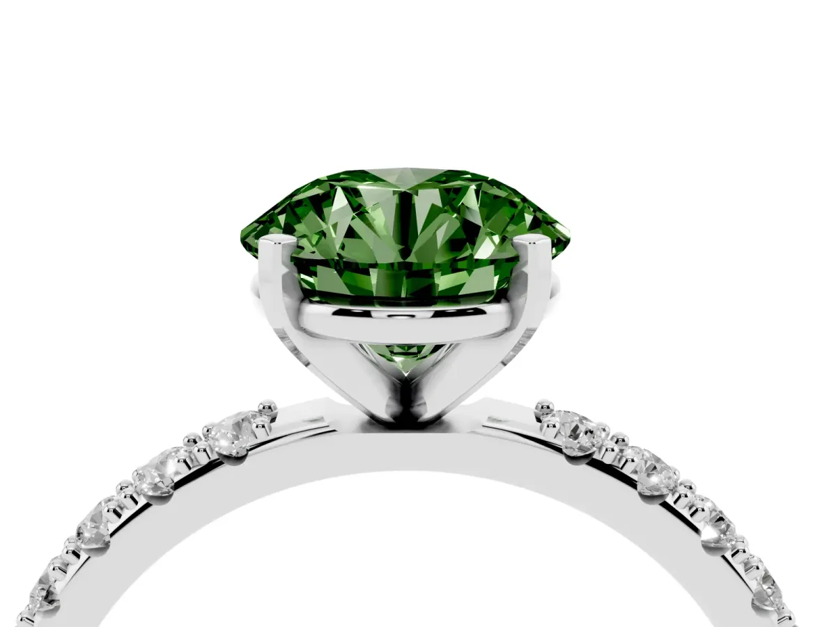 Fancy Green Round Cut Diamond Solitaire Pavé Band with Four-Prong Setting Silver