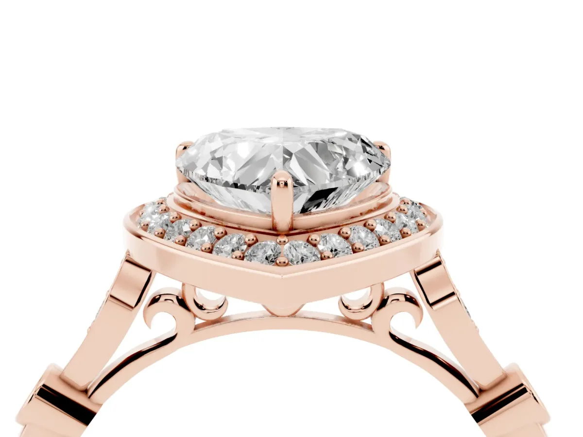 Heart Cut Halo Diamond Engagement Ring with Twisted Band and Four-Prong Setting Rose gold