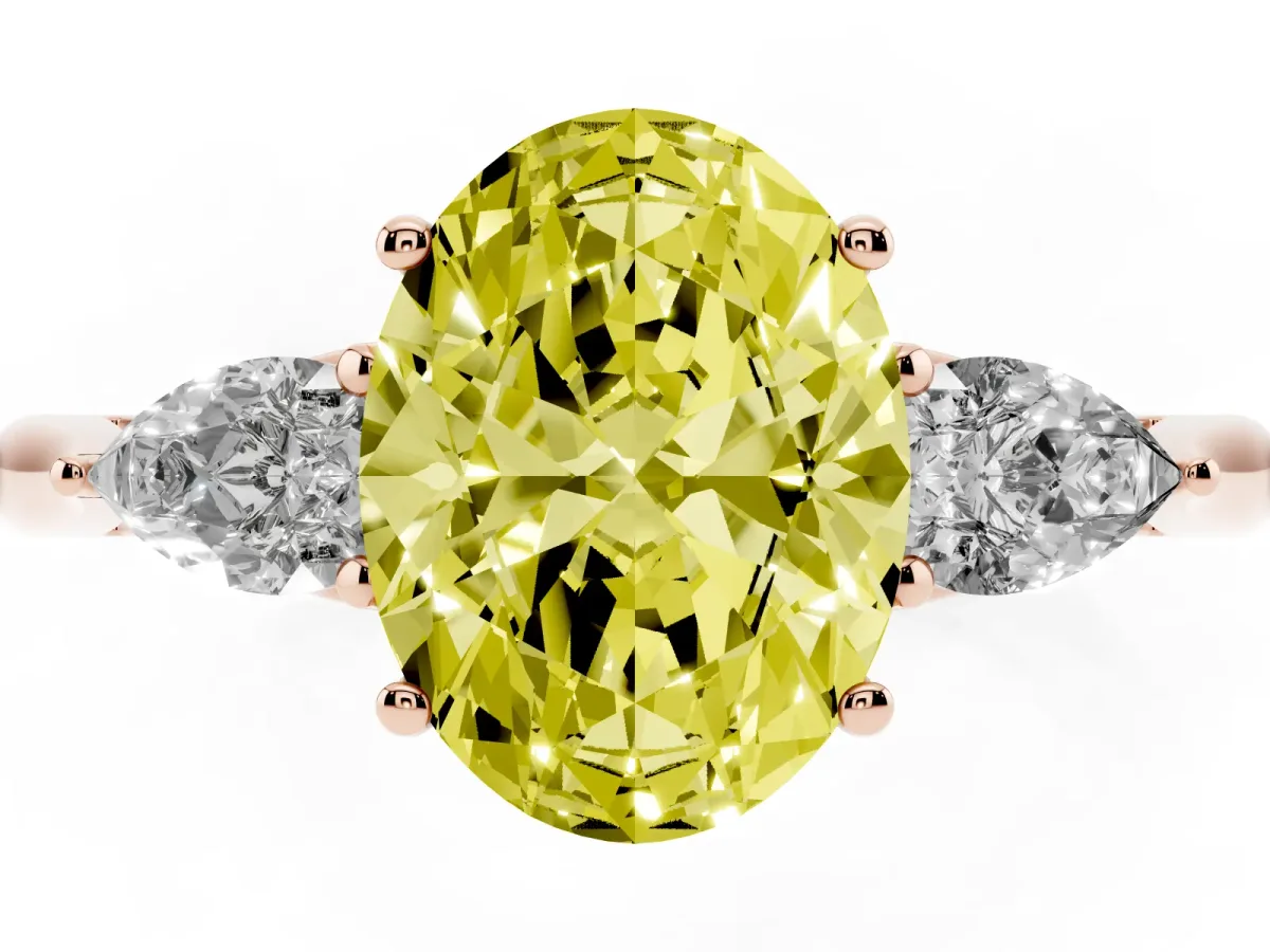 Fancy Yellow Oval Cut Diamond Three-Stone Ring with Pear Side Stones and Prong Setting Rose gold