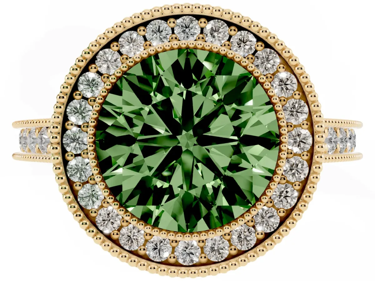Fancy Green Halo Round Cut-Cut Diamond Pave Band Milgrain Prong Setting Ring Yellow gold