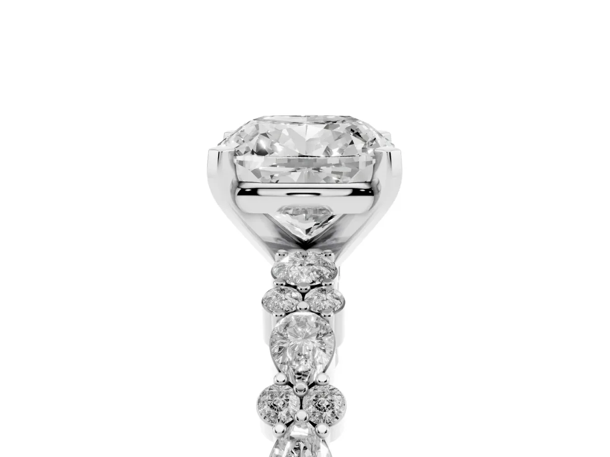 Cushion Cut Diamond Side Stone Solitaire Ring with Round and Four-Prong Setting Silver