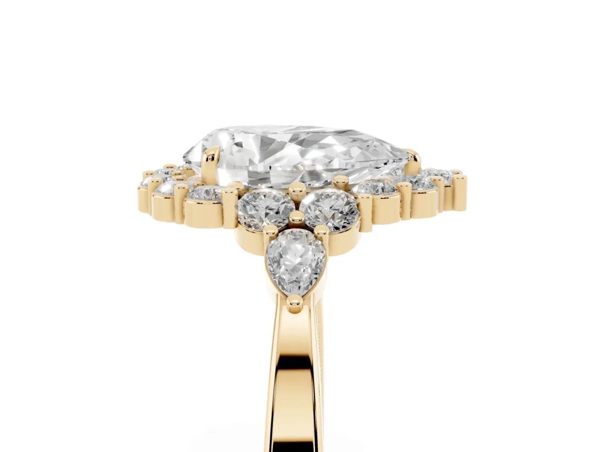 Pear Cut Diamond Halo Ring with Pear Side Stones and Prong Setting Yellow gold