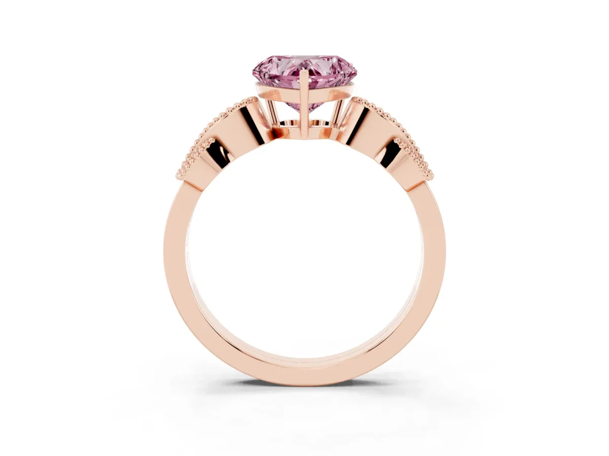 Fancy Pink Heart Cut Solitaire Milgrain Leaf Band with Prong Setting Rose gold