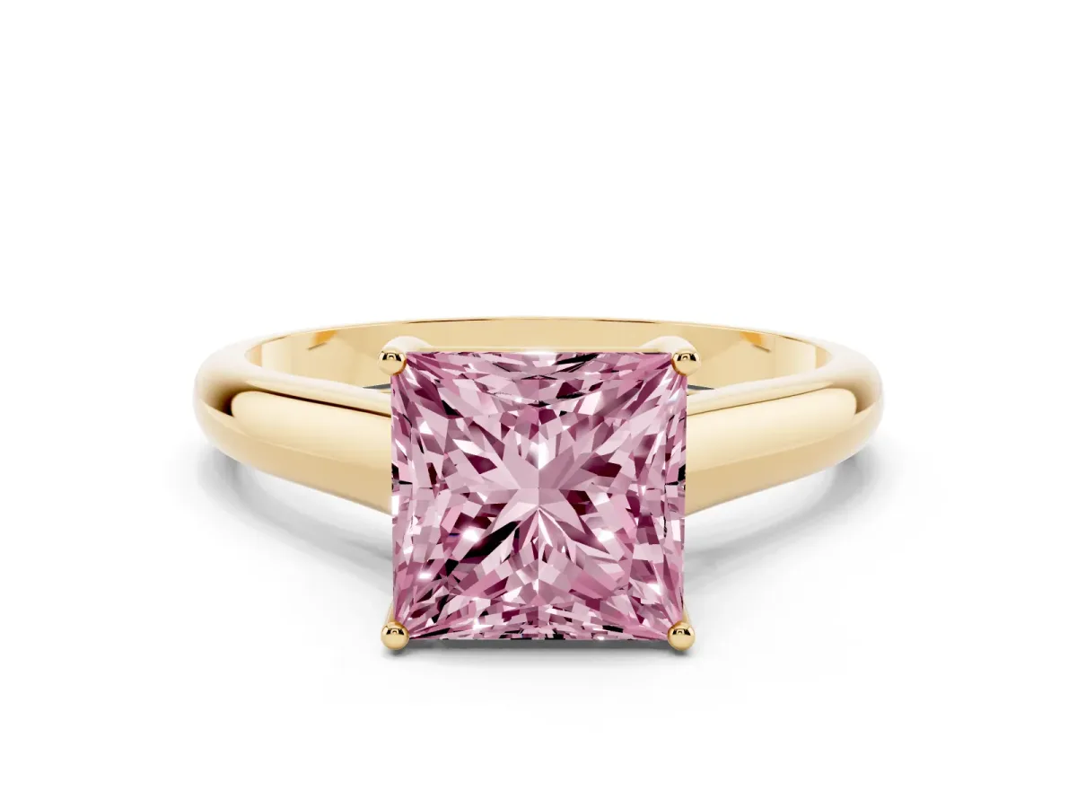 Fancy Pink Princess Cut Solitaire Engagement Ring with Tapered Band and Four-Prong Setting Yellow gold