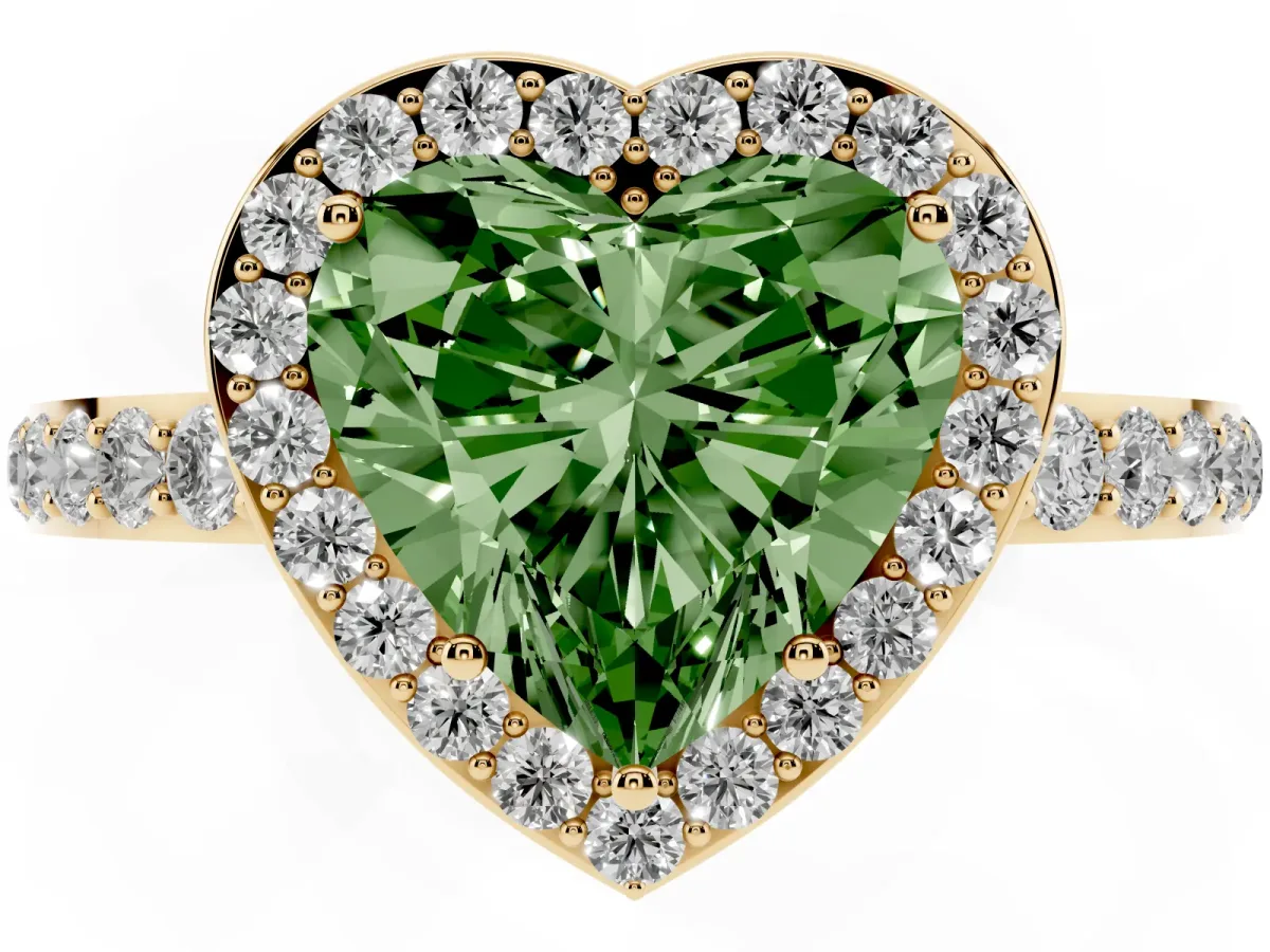 Fancy Green Heart Cut Halo Diamond Pavé Band Ring with Prong Setting Yellow gold