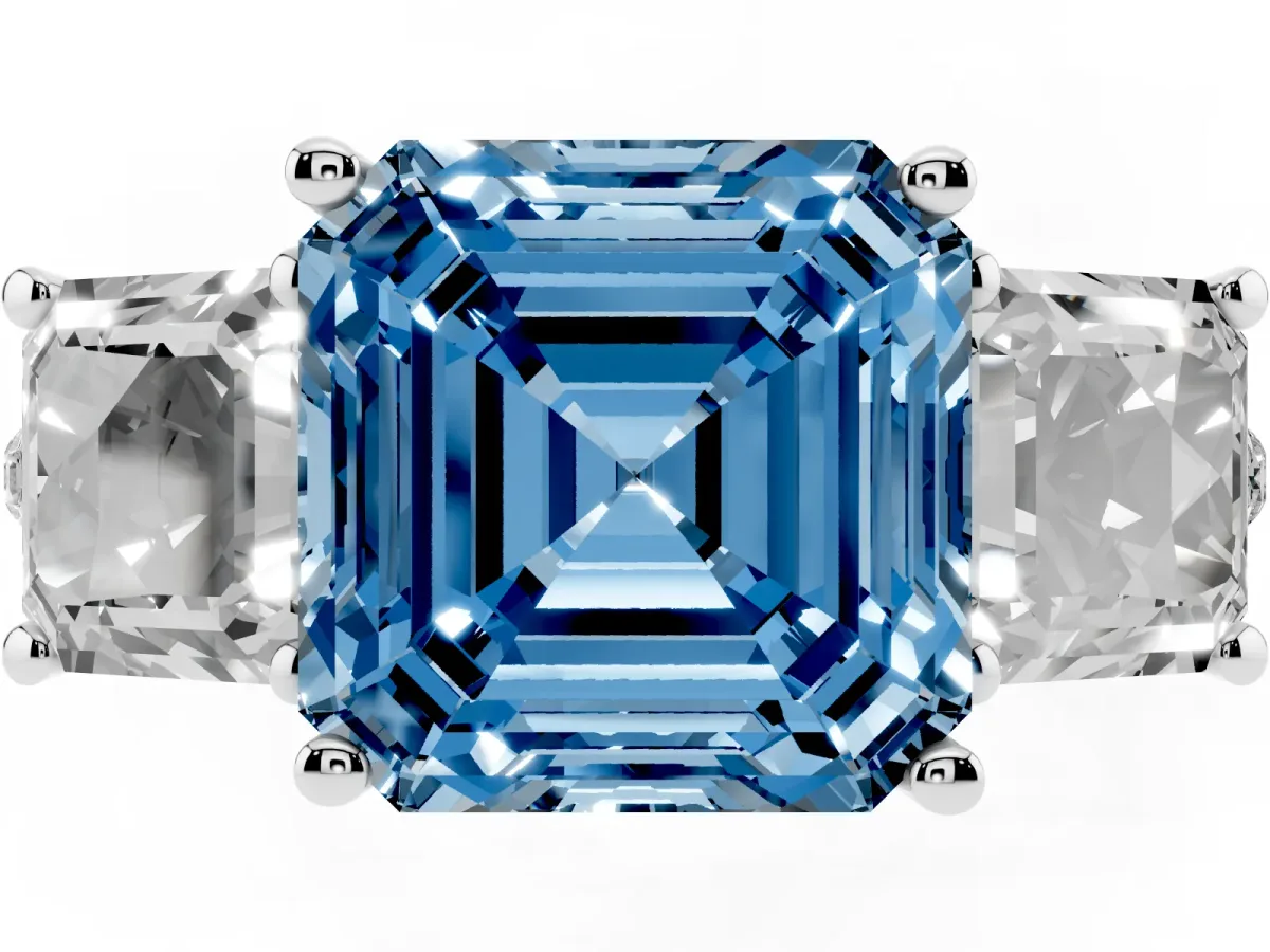 Fancy Blue Three-Stone Asscher Cut Diamond Ring with Round Pavé Band and Prong Setting Silver