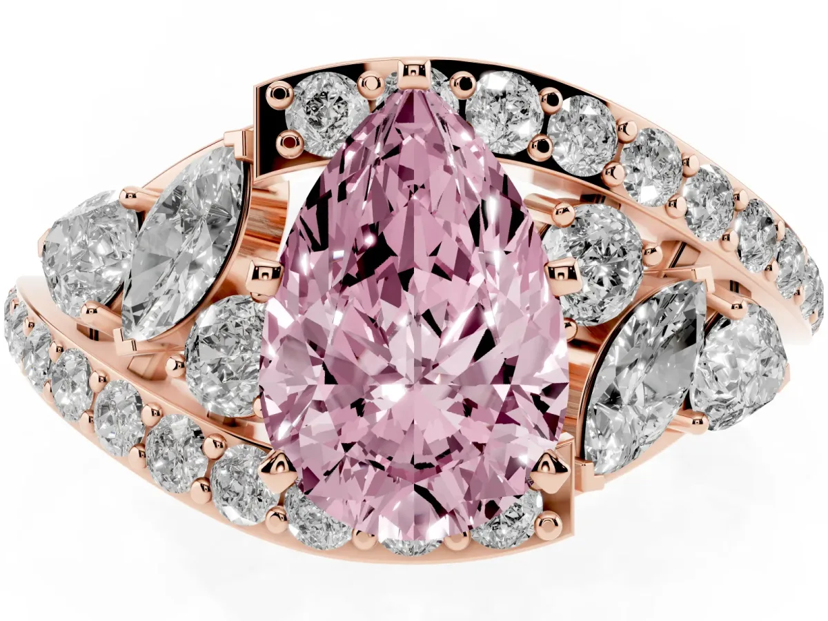 Fancy Pink Pear Cut Diamond Halo Ring with Marquise and Pavé Band in Prong Setting Rose gold
