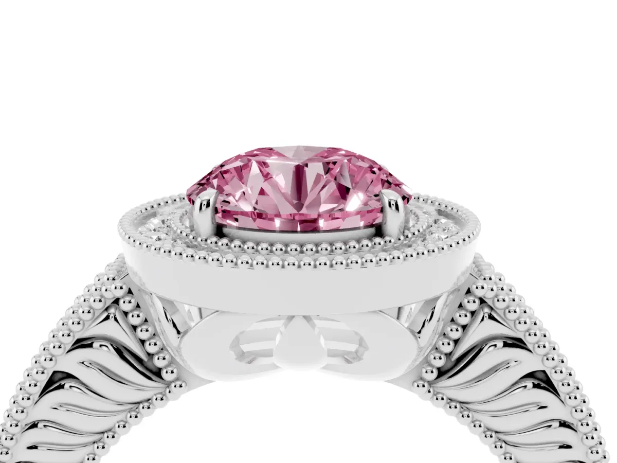 Fancy Pink Round Cut Cut Halo Diamond Ring with Pavé Band and Four-Prong Setting White gold