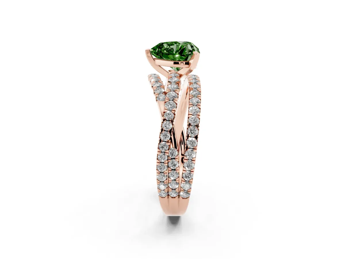Fancy Green Heart Cut Solitaire Twist Band with Pavé Setting and Four-Prong Setting Rose gold