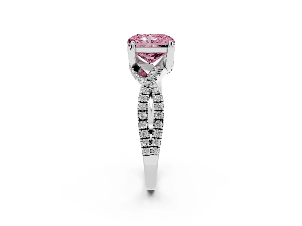 Fancy Pink Radiant Cut Solitaire Twist Pave Diamond Engagement Ring with Prong Setting Silver