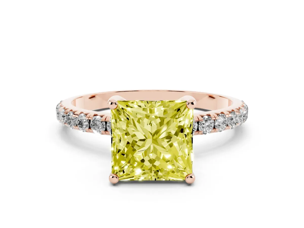 Fancy Yellow Princess Cut Cut Diamond Solitaire Ring with Micro Pave Band and Four Prong Setting Rose gold