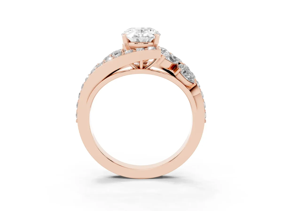 Oval Cut Diamond Halo Ring with Marquise and Pavé Band in Prong Setting Rose gold