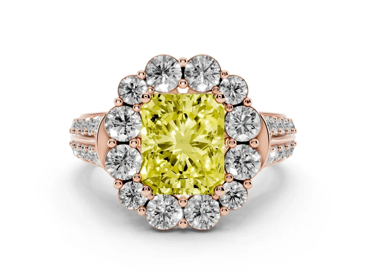 Fancy Yellow Radiant Cut Halo Diamond Engagement Ring with Split Shank and Prong Setting Rose gold