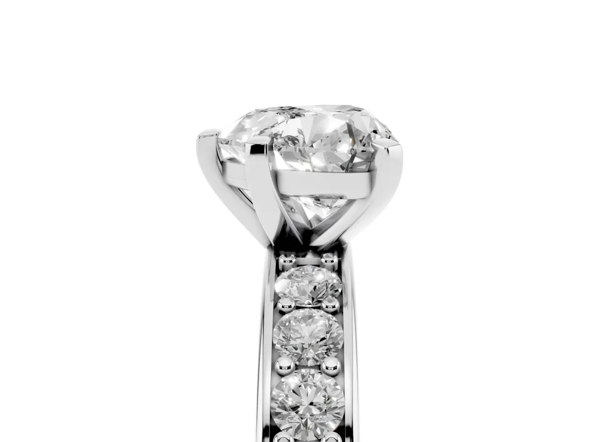 Heart Cut Diamond Engagement Ring with Channel Set Round Band and Prong Setting Silver