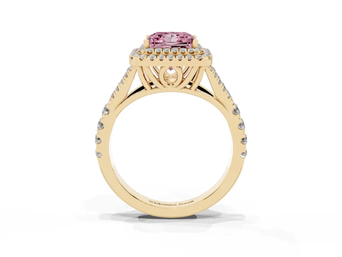 Fancy Pink Princess Cut Diamond Double Halo Ring with Split Shank and Prong Setting Yellow gold