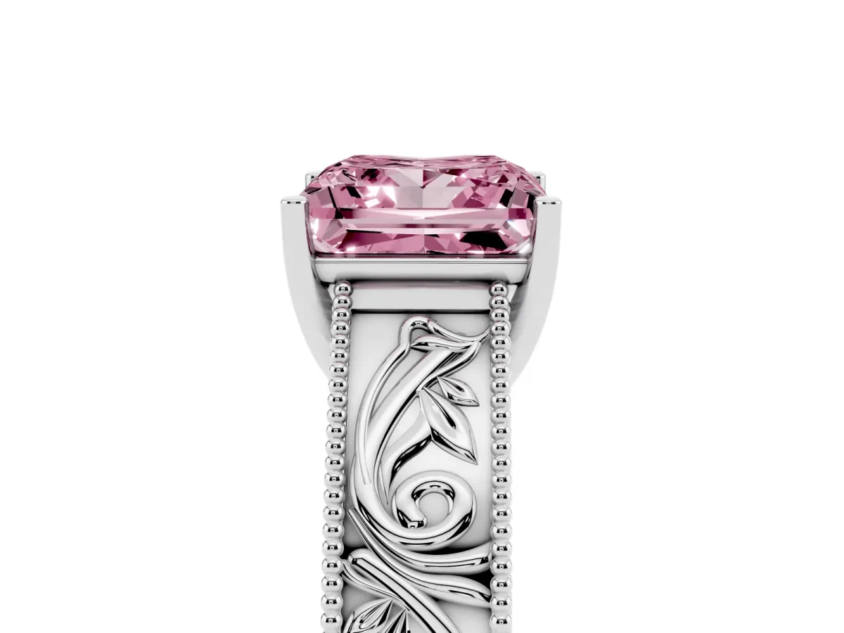 Fancy Pink Princess Cut Diamond Solitaire Ring with Engraved Band and Four-Prong Setting White gold