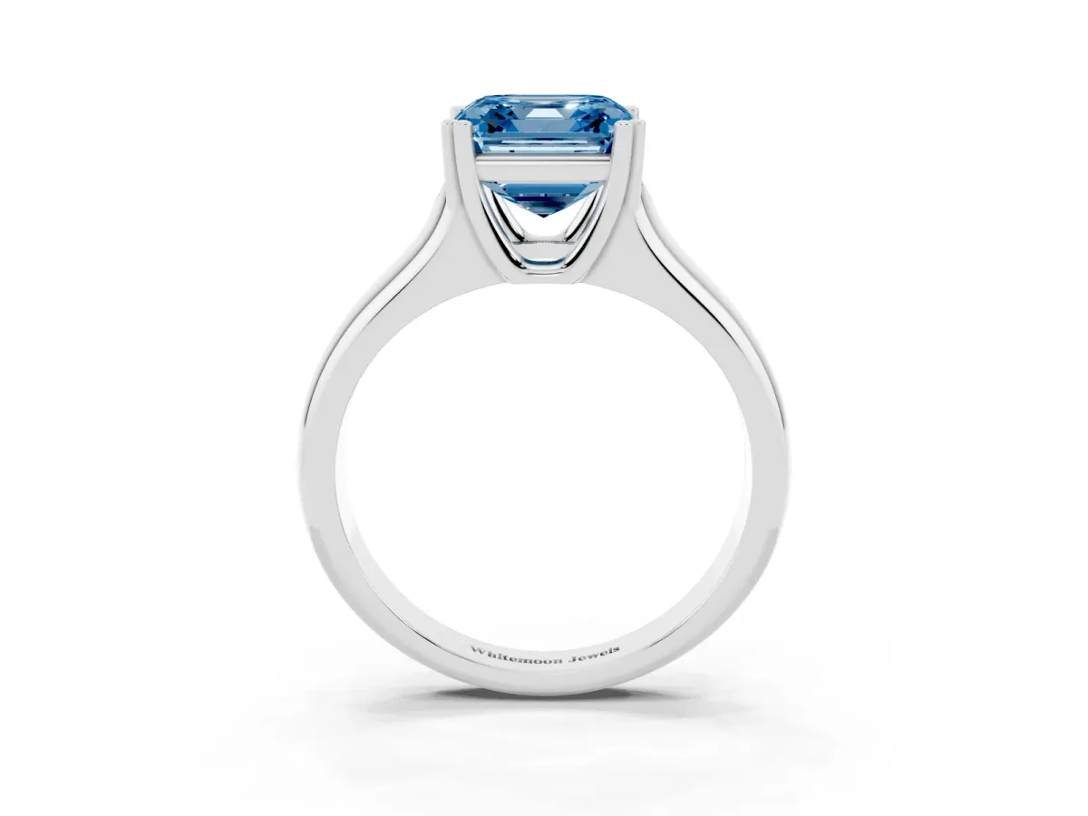 Fancy Blue Asscher Cut Diamond Solitaire Ring with Wide Band and Prong Setting Silver