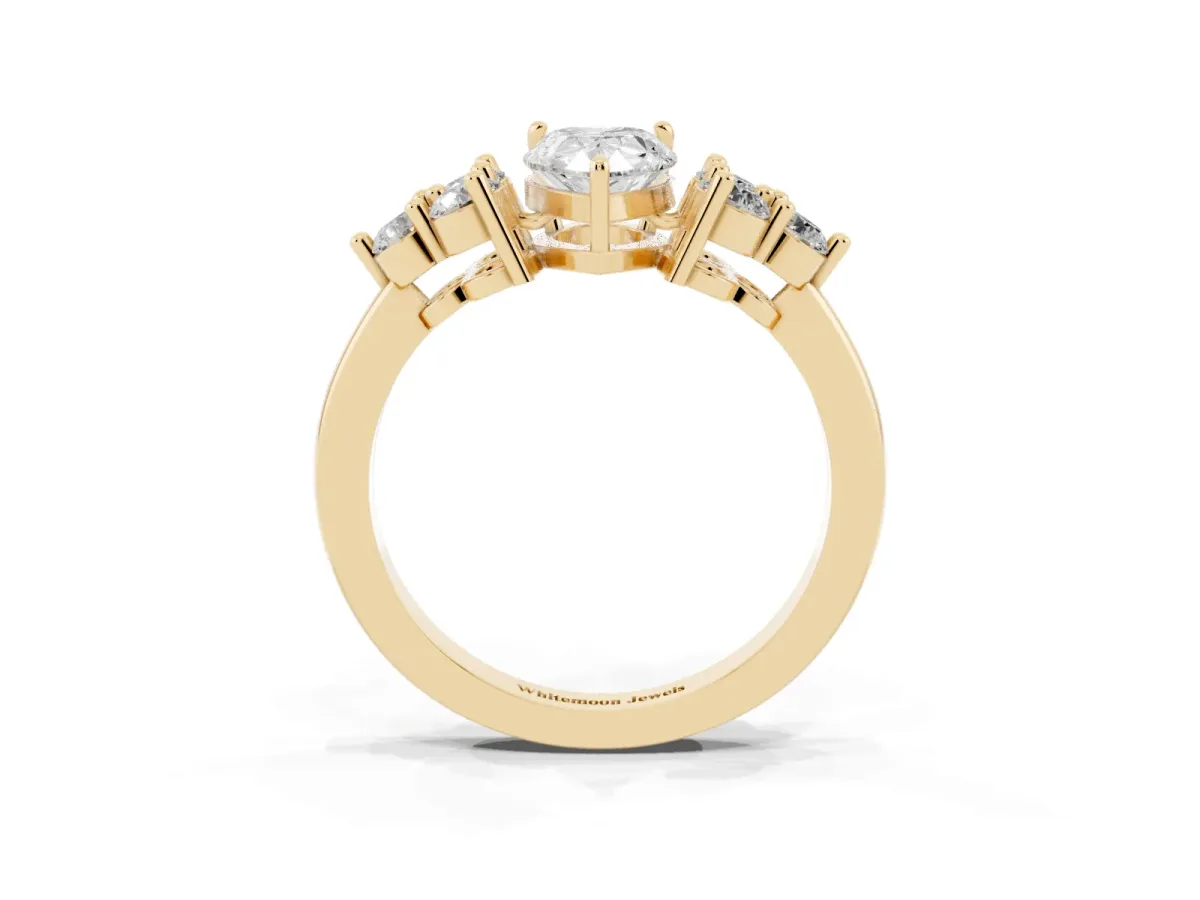 Pear Cut Brilliant Diamond Cluster Accent Solitaire Ring with Prong Setting Yellow gold