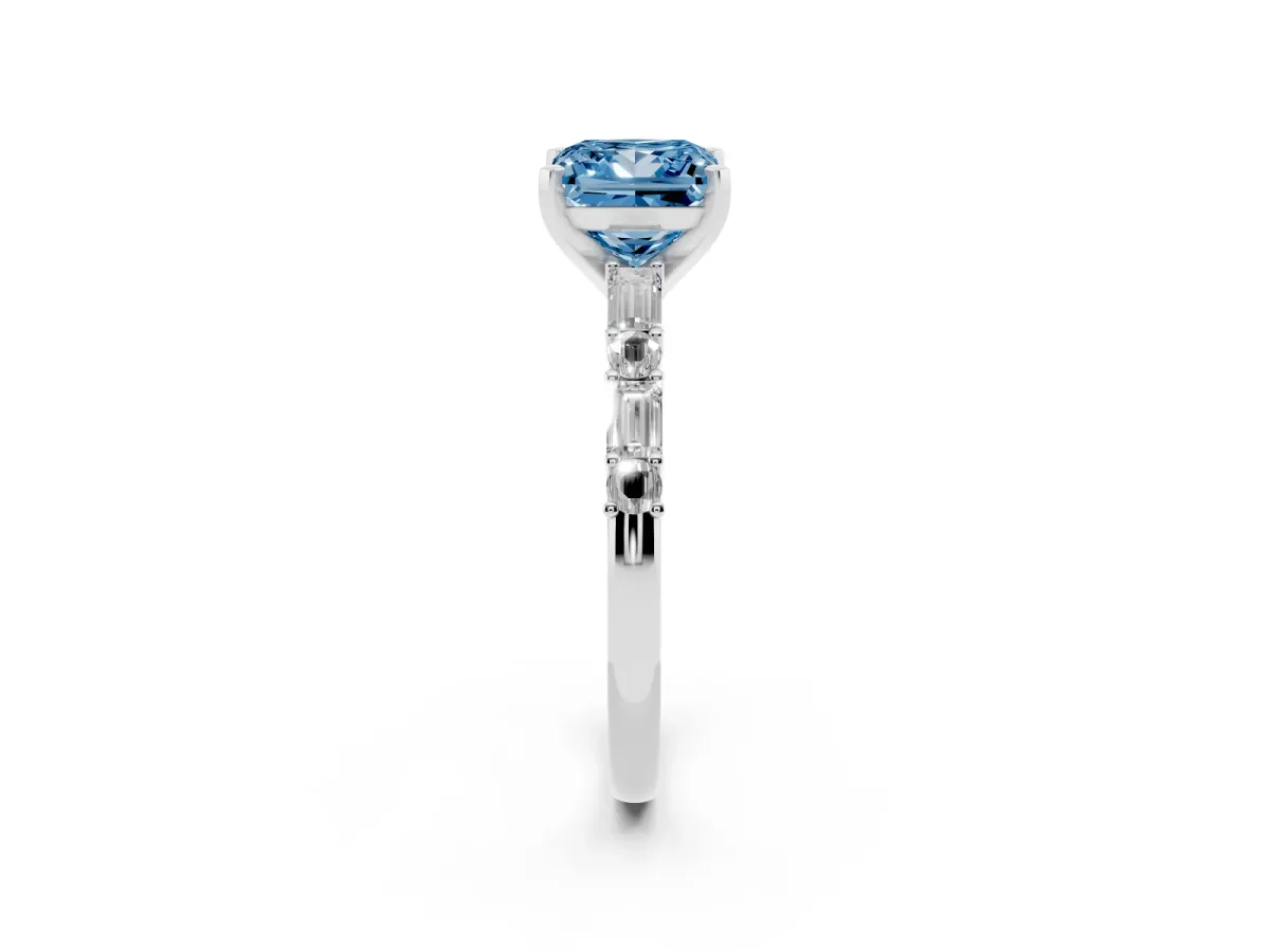 Fancy Blue Princess Cut Diamond Solitaire with Side Baguettes and Channel Set Band Silver