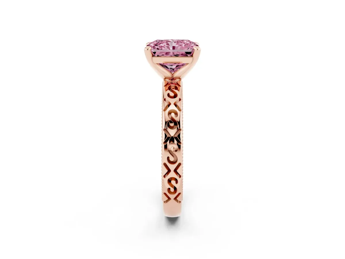 Fancy Pink Radiant Cut Solitaire Engagement Ring with Scrollwork Band and Four-Prong Setting Rose gold
