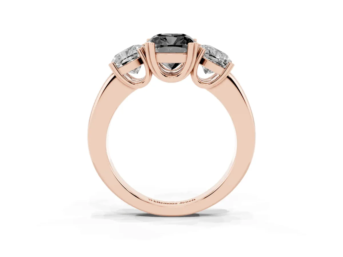 Fancy Black Three-Stone Cushion Cut Cut Diamond Ring with Channel Set Band and Four-Prong Setting Rose gold