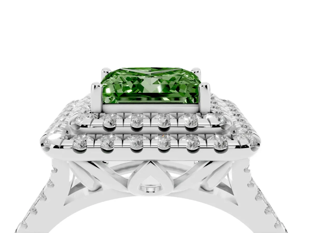 Fancy Green Double Halo Princess Cut Diamond Pavé Split Shank Ring with Prong Setting Silver