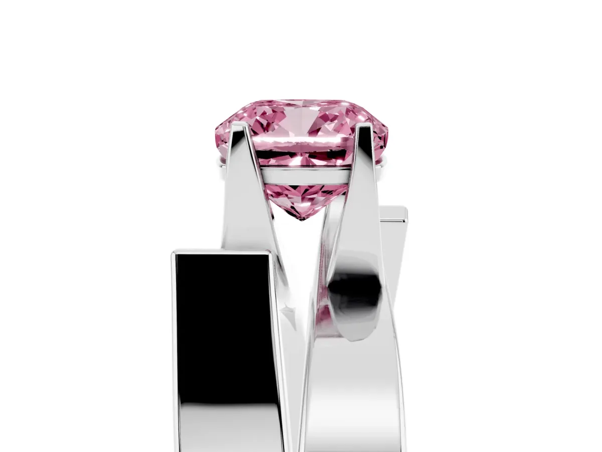 Fancy Pink Modern Tension Set Cushion Cut Diamond Solitaire Wide Band Ring Silver