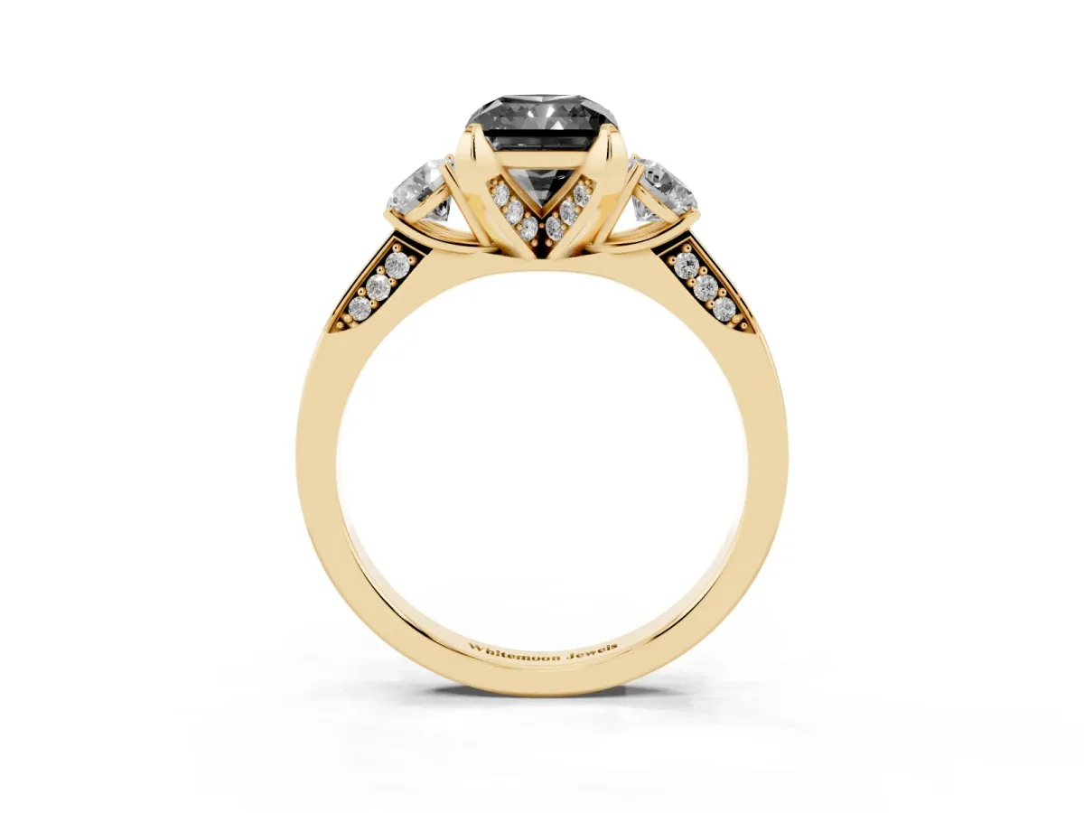 Fancy Black Radiant Cut Brilliant Three-Stone Diamond Ring with Pavé Band and Four-Prong Setting Yellow gold