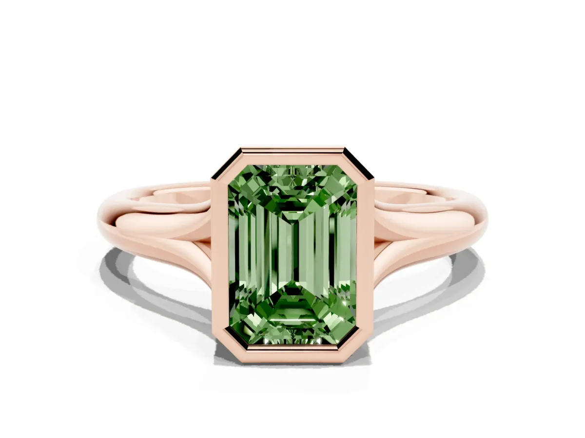Fancy Green Bezel Set Emerald Cut Solitaire Diamond Ring with Smooth Band Rose gold