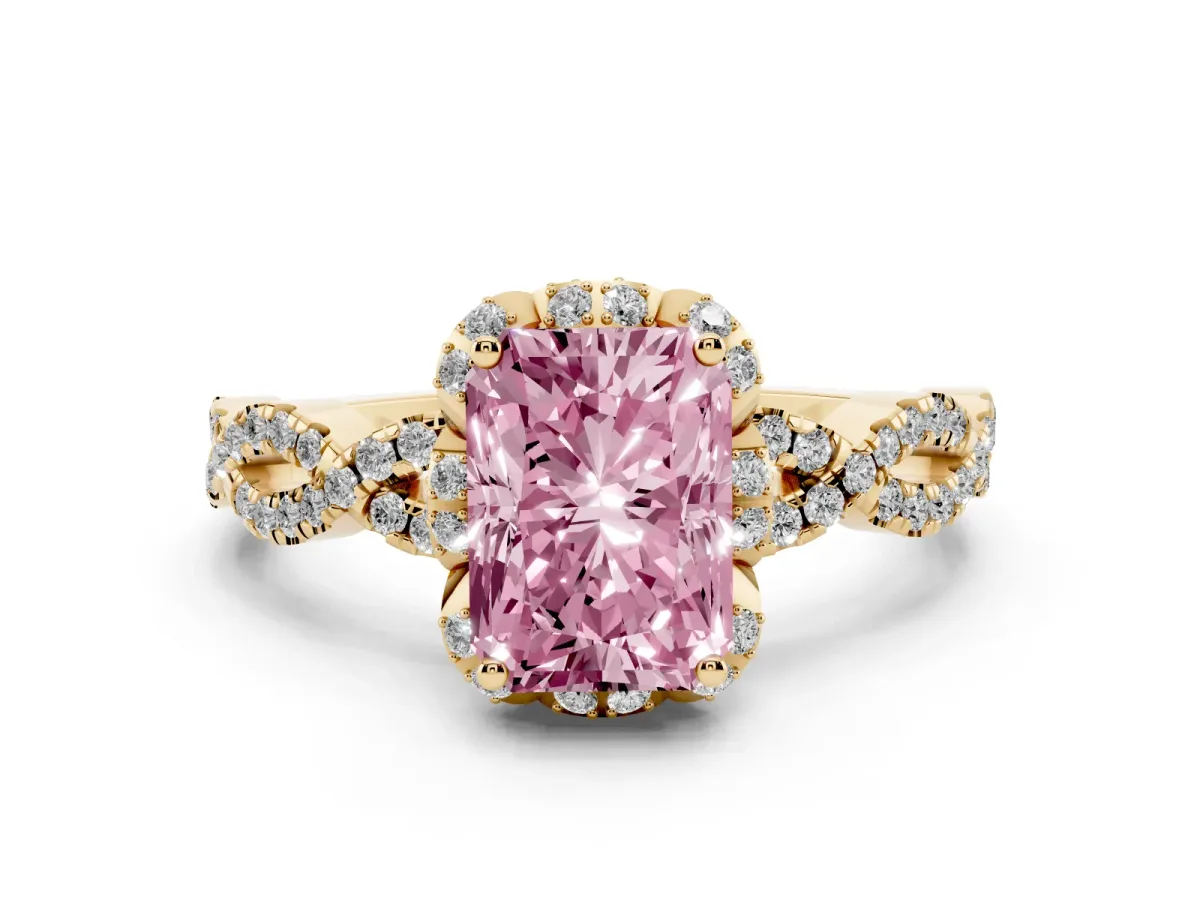 Fancy Pink Radiant Cut Halo Twist Band Solitaire Ring with Six-Prong Setting Yellow gold