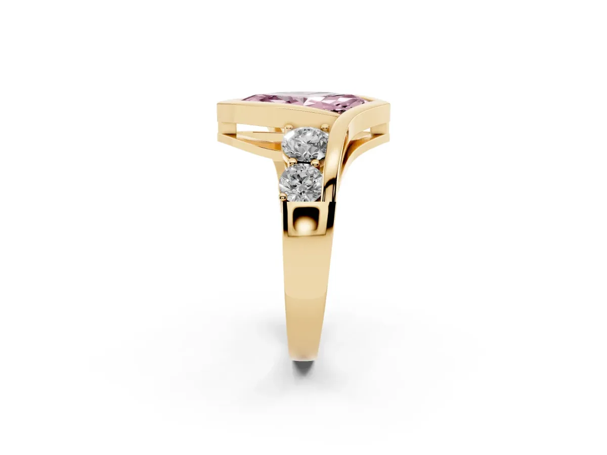 Fancy Pink Bezel Set Marquise Cut Diamond Bypass Ring with Round Accents Yellow gold