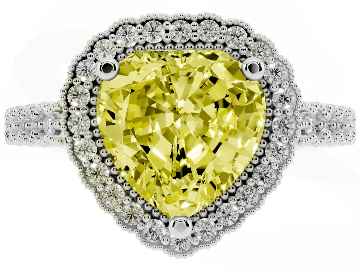 Fancy Yellow Heart Cut Cut Halo Pavé Solitaire Ring with Milgrain Band Silver