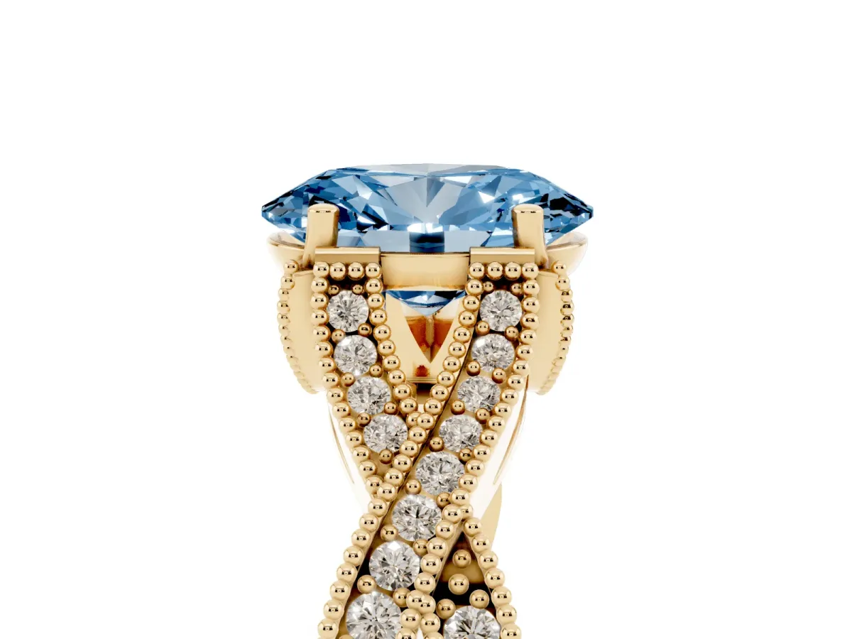 Fancy Blue Oval Cut Cut Diamond Twisted Band with Milgrain Pave Setting and Four-Prong Setting Yellow gold