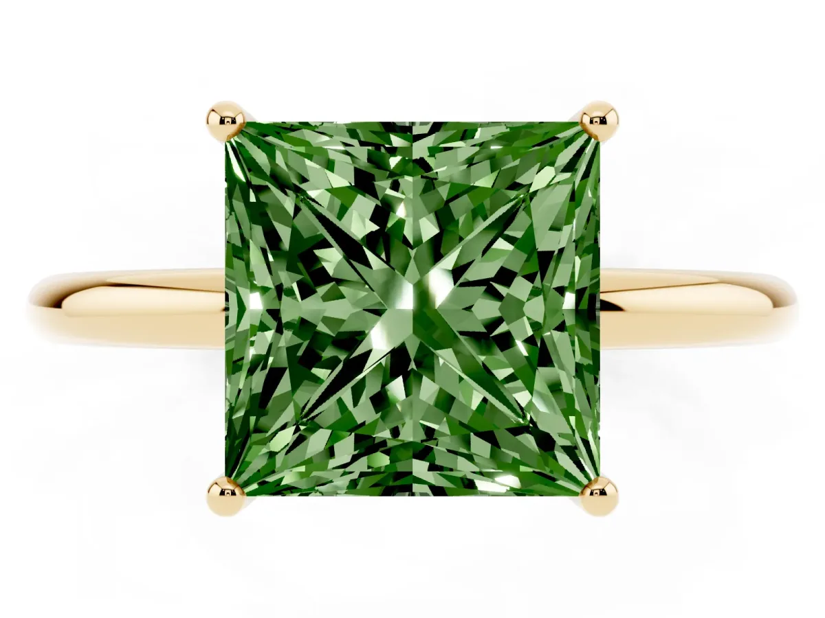 Fancy Green Princess Cut Solitaire Diamond Ring with a Classic Band and Four-Prong Setting Yellow gold