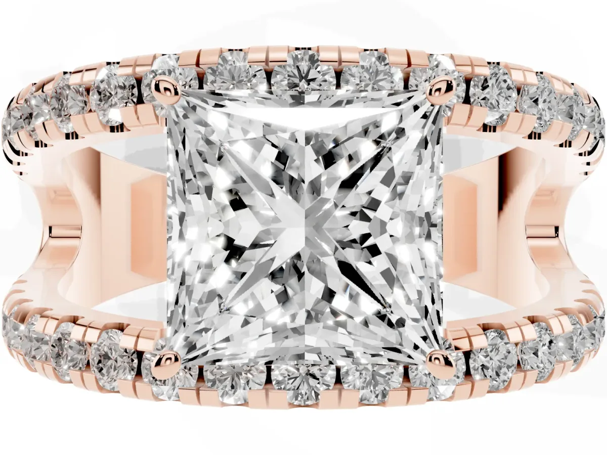 Princess Cut Solitaire Split Shank Pave Diamond Ring Rose gold