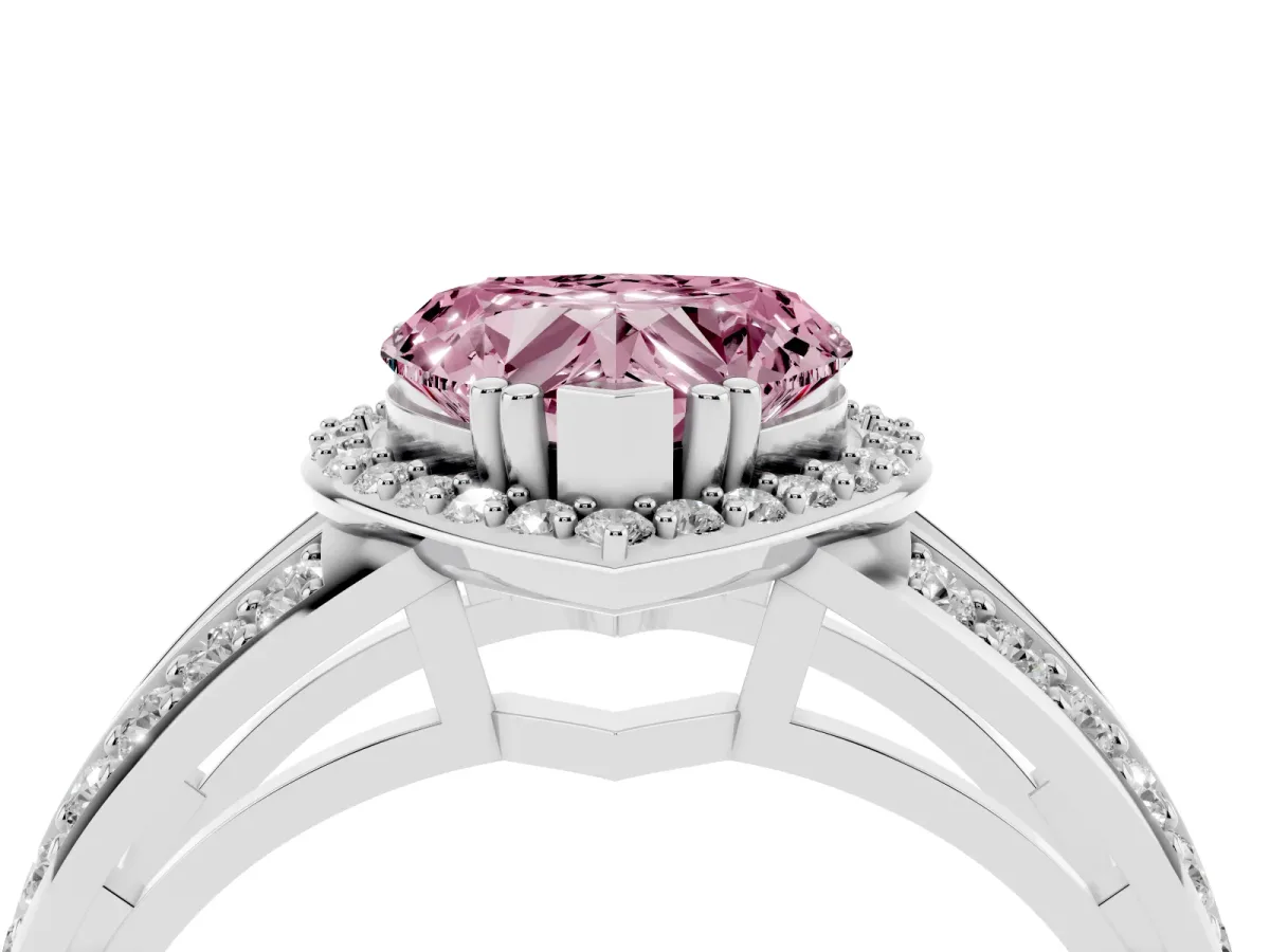 Fancy Pink Heart Cut Diamond Halo Ring with Split Shank Pavé Band and Four-Prong Setting Platinum