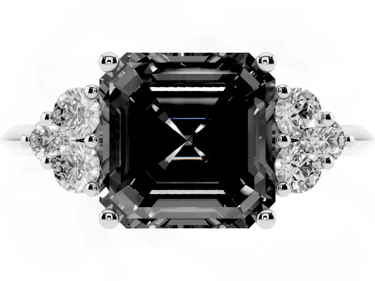 Fancy Black Asscher Cut Cut Diamond Cluster Ring with Solitaire Band and Four-Prong Setting Silver