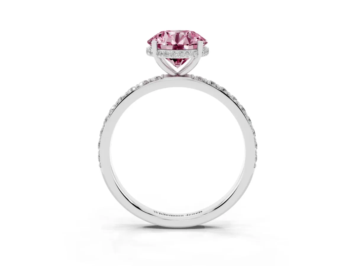 Fancy Pink Round Cut Diamond Solitaire Ring with Pavé Band and Hidden Halo Platinum