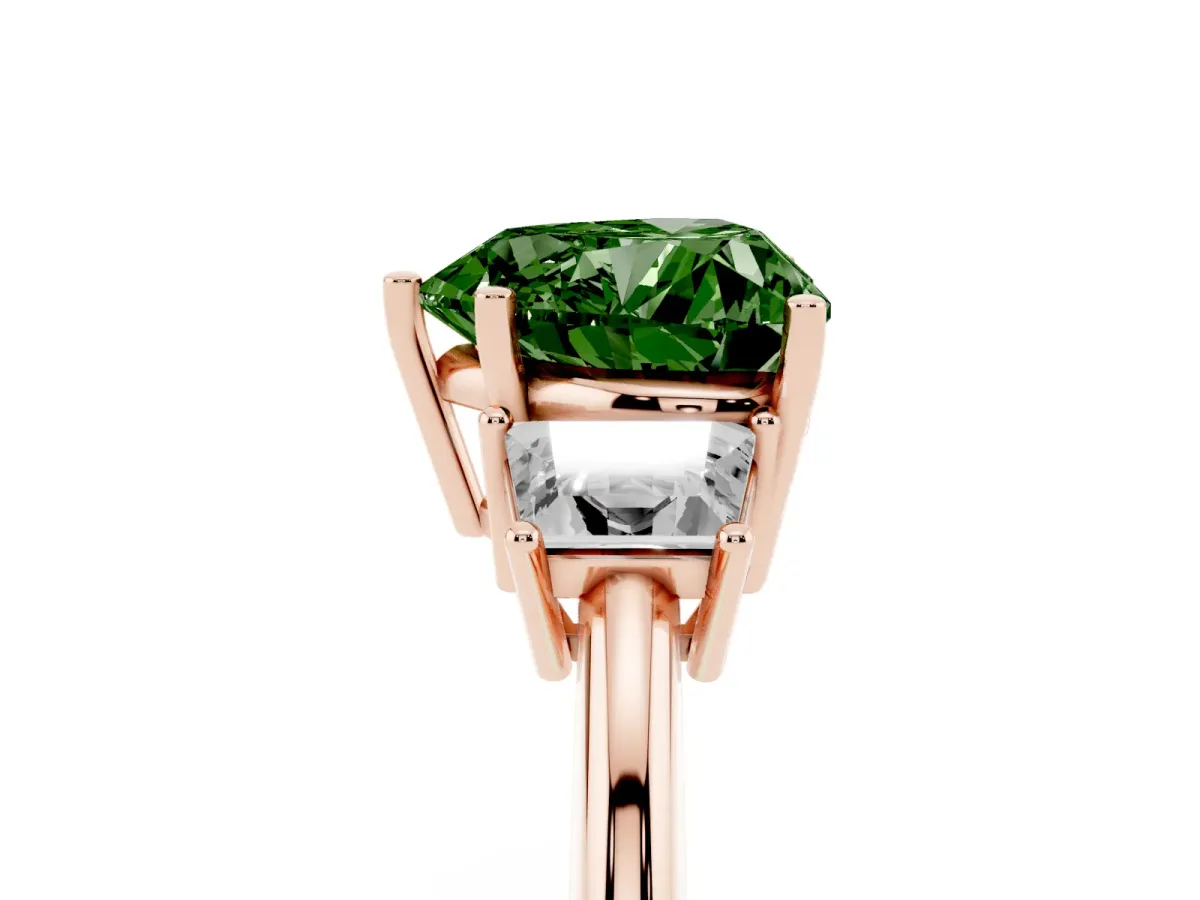 Fancy Green Heart Cut Diamond Three-Stone Ring with Trapezoid Side Stones and Prong Setting Rose gold