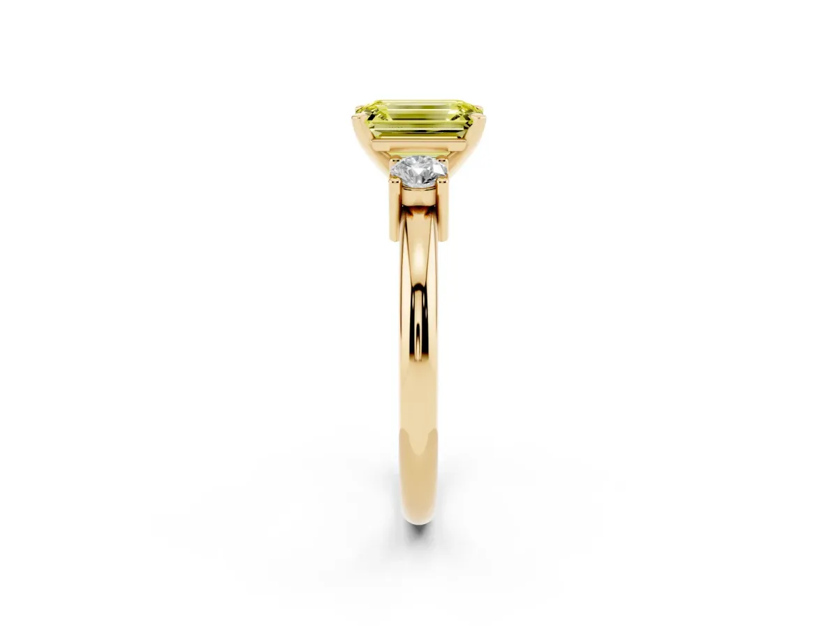Fancy Yellow Three-Stone Emerald Cut Cut Diamond Solitaire with Prong Setting and Classic Band Yellow gold