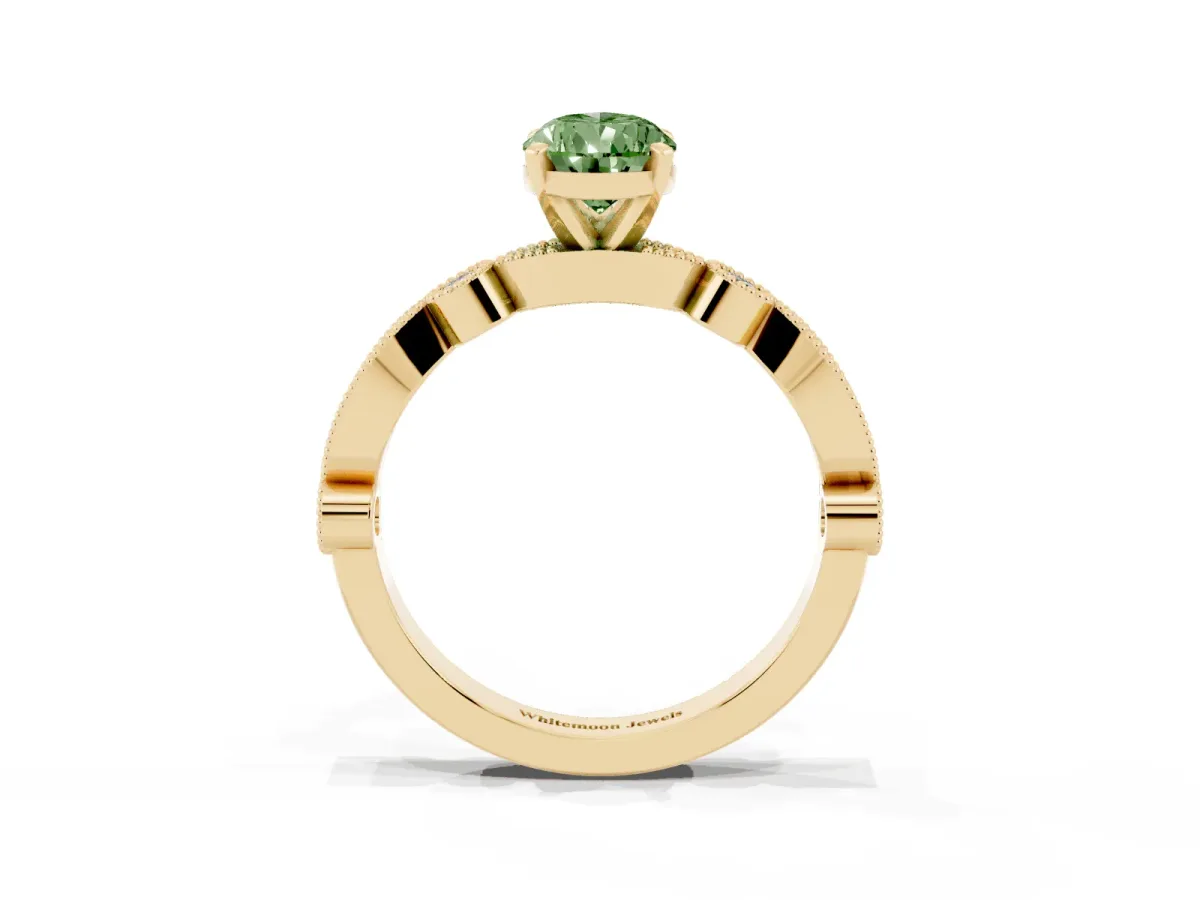 Fancy Green Pear Cut Milgrain Bezel Diamond Engagement Ring with Solitaire Prong Setting Yellow gold
