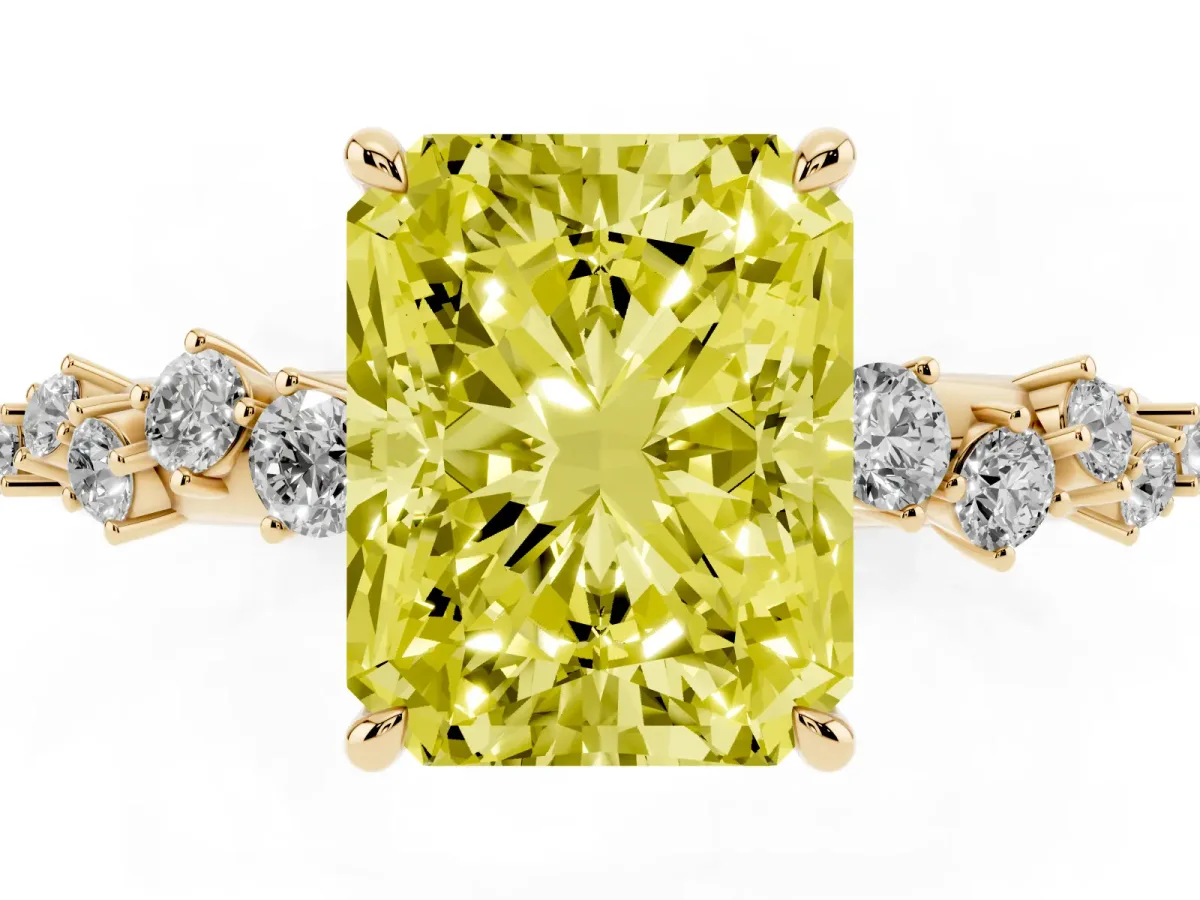 Fancy Yellow Radiant Cut Diamond Cluster Side Stone Solitaire Ring with Prong Setting Yellow gold