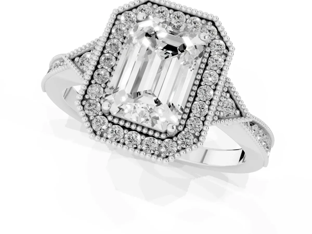 Emerald Cut Halo Round Diamond Milgrain Pave Engagement Ring Silver