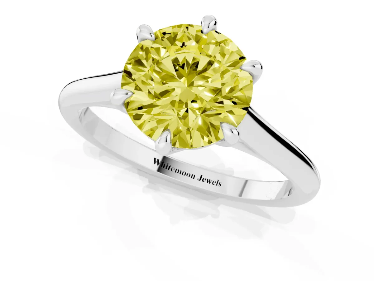 Fancy Yellow Round Cut Solitaire Engagement Ring with Six-Prong Setting and Classic Band White gold