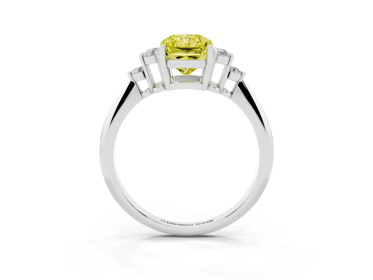 Fancy Yellow Radiant Cut Cut Diamond Cluster Ring with Solitaire Band and Four-Prong Setting Silver
